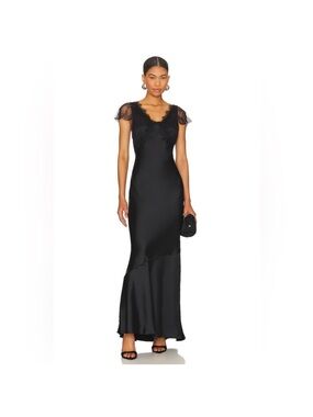 Elegant Black Satin Lace-Trim Evening Gown